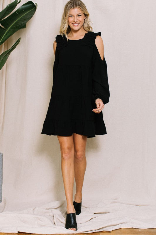 Round Neck Black Cold Shoulder Long Sleeved Baby Doll Dress With Ruffle Shoulder And Ruffle Bottom