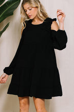 Load image into Gallery viewer, Round Neck Black Cold Shoulder Long Sleeved Baby Doll Dress With Ruffle Shoulder And Ruffle Bottom
