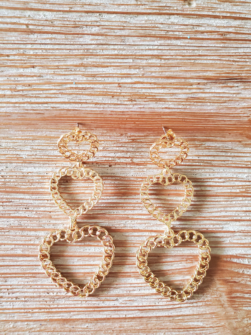 Gold Digger Three Tier Heart 3 Inch Drop Earrings
