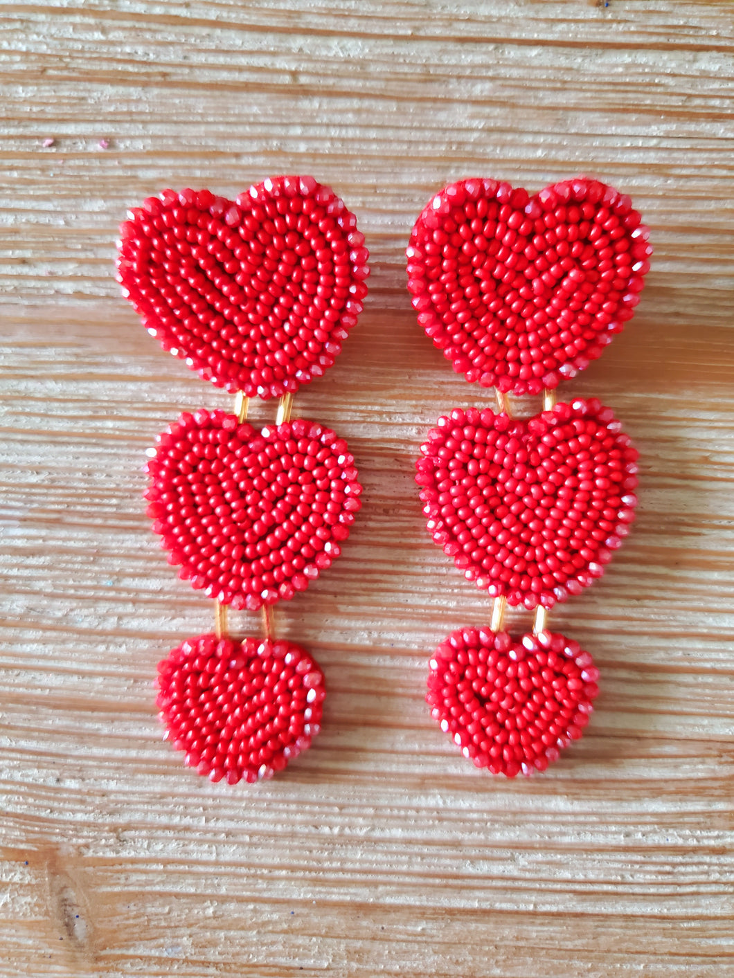Three Hearts Are Better Then One Cherry Red Seed Beaded 3 1/2 inch Drop Heart Earrings
