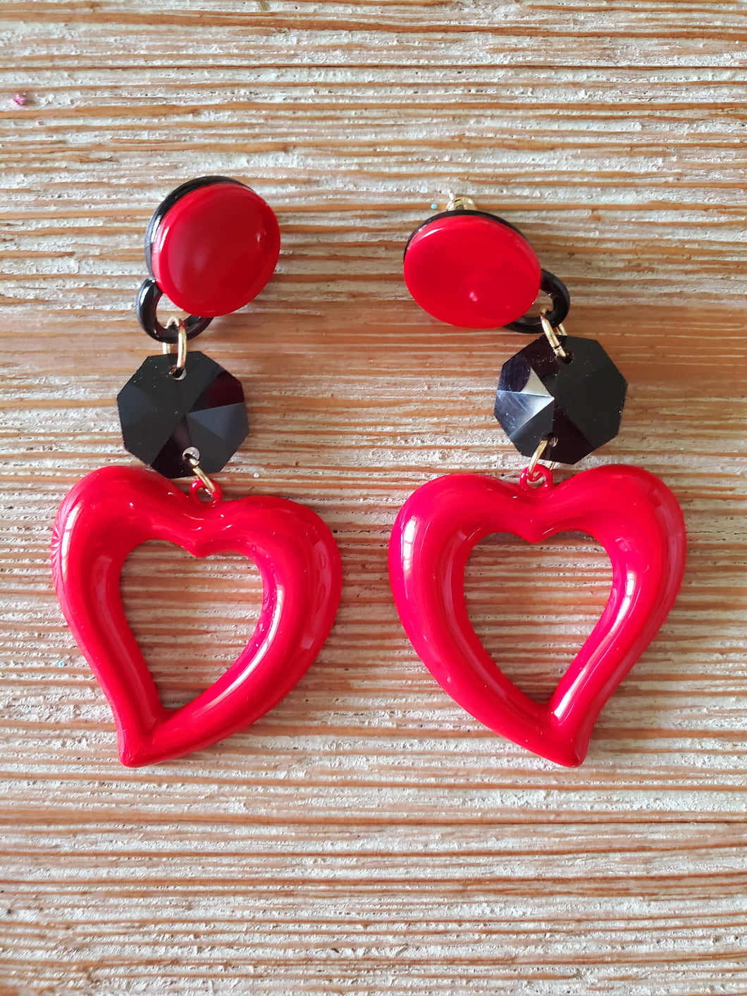 Be Still My Heart Cherry Red and Black Love Heart 3 Inch Drop Earrings