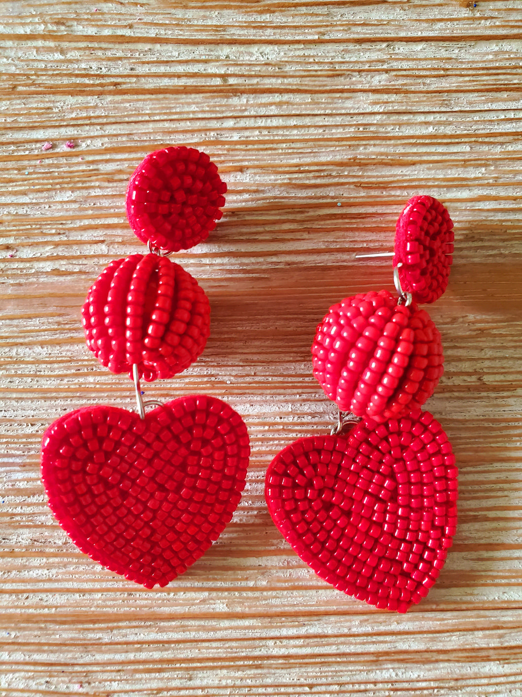 To Hearts Are Better Then One Cherry Red Seed Beaded Heart Shaped 3 Inch Drop Earrings