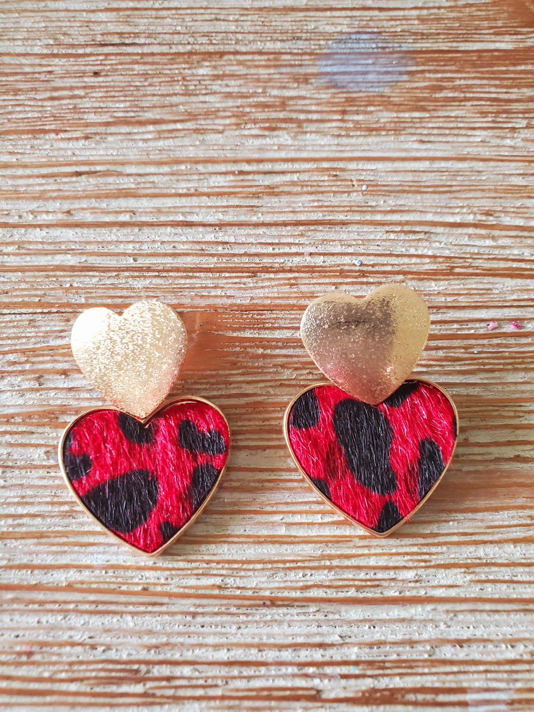 My Heart Is Purring For You Red Hot Leopard & Gold Heart Earrings