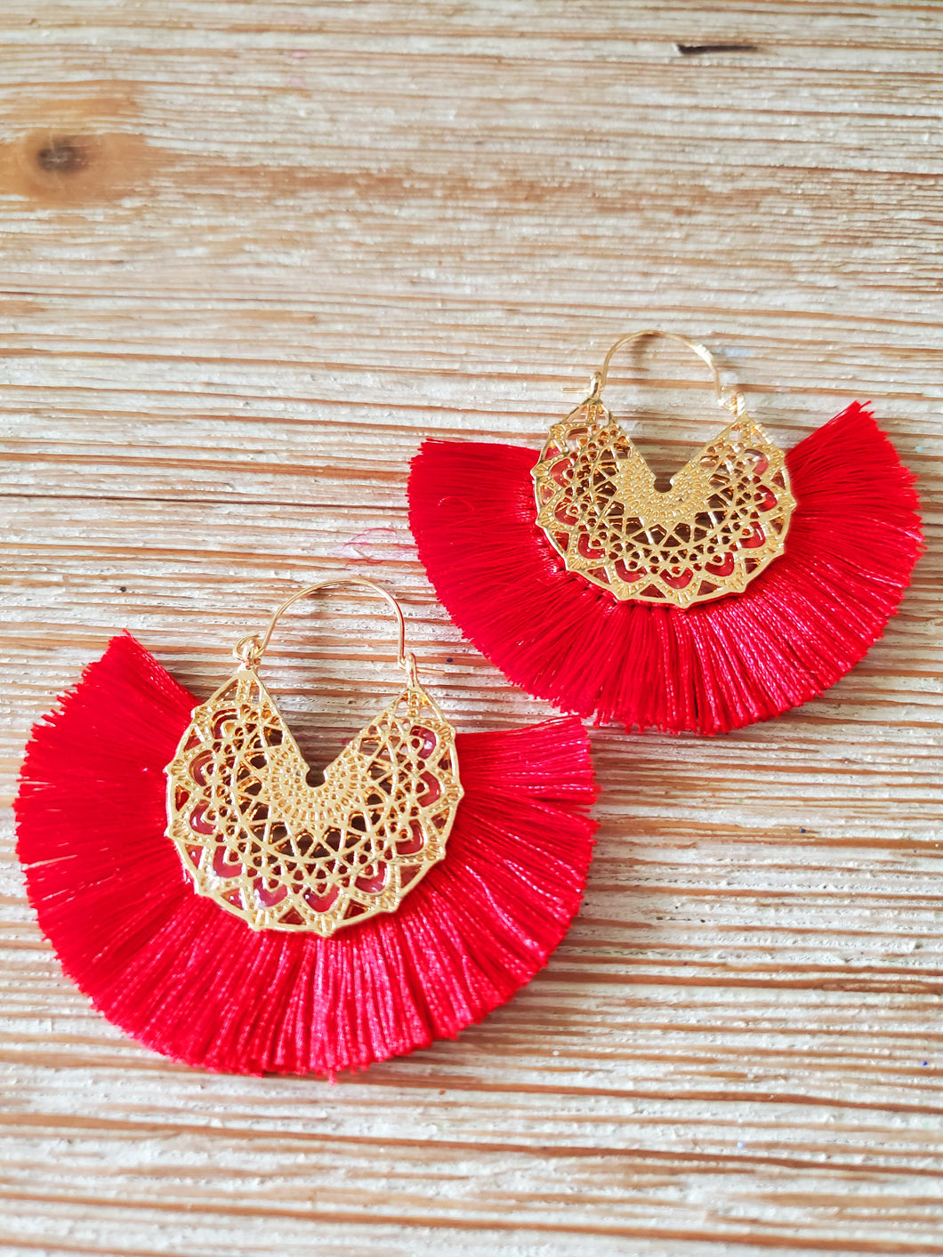 Gold Alloy Red , Yellow or Light Pink Fan Tassel Earrings